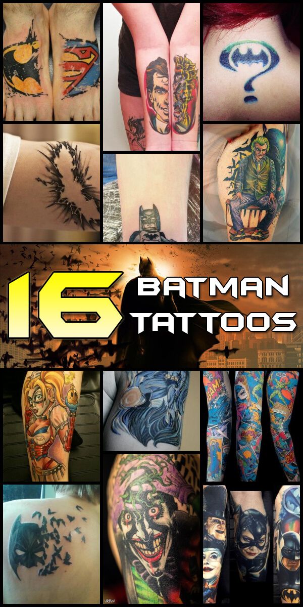 Batman tattoos and DC comic character tattoo ideas for men and women, including Superman, Joker, on foot, arm, neck, leg, and back tattoo ideas
