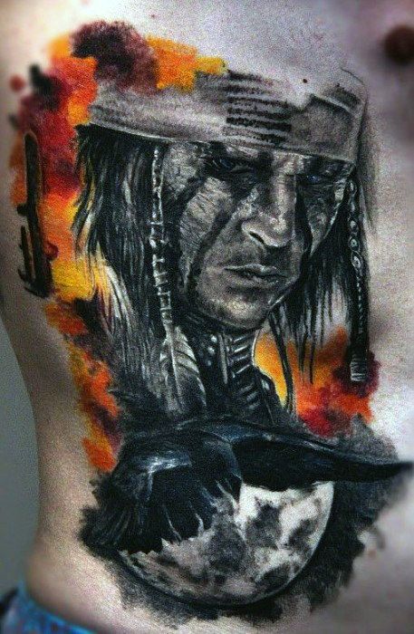 Realistic Native American eagle and moon tattoo design for men on chest tattoo ideas