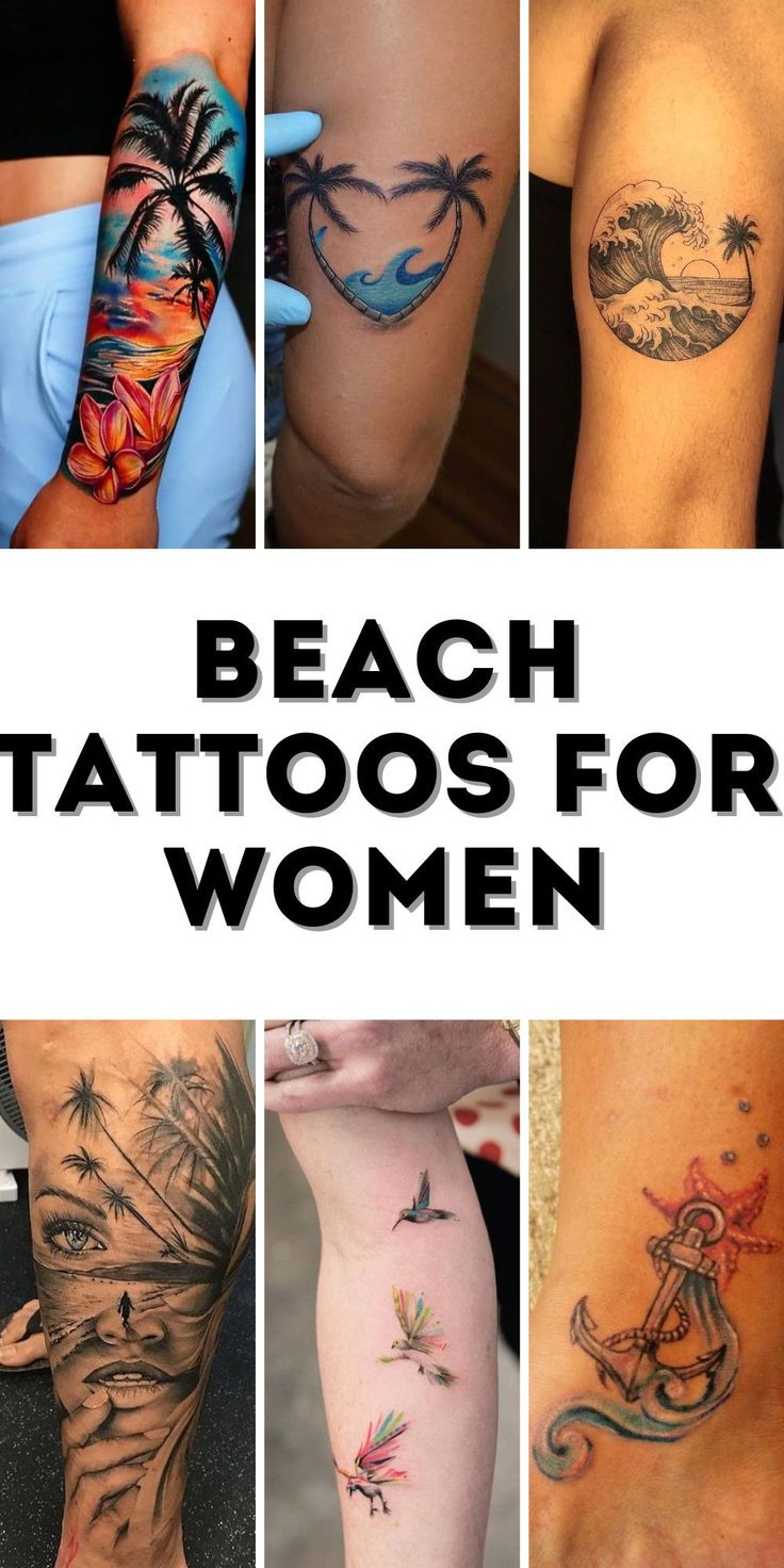 Colorful palm tree and flower tattoo designs for women on arm, thigh, and foot tattoo ideas