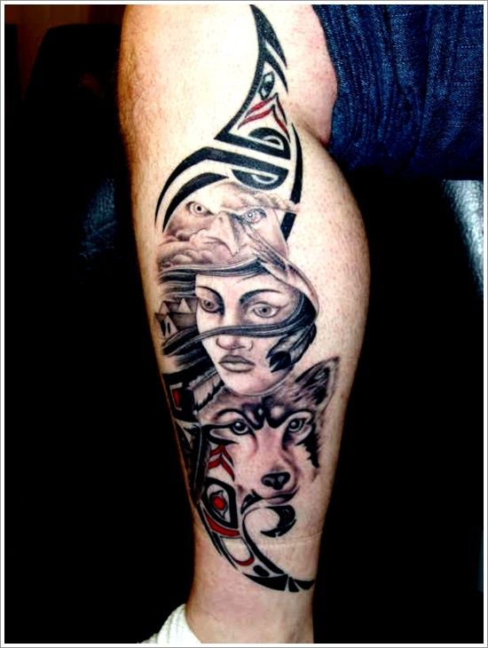 Tribal wolf and eagle tattoo design for men and women on leg tattoo ideas