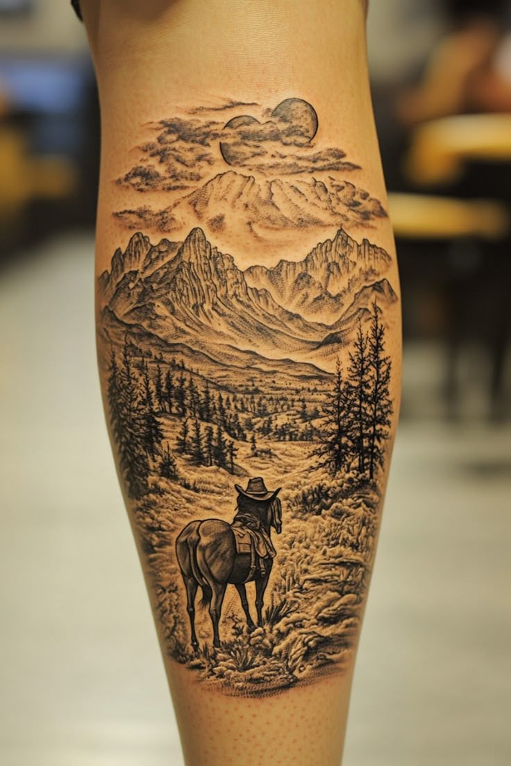 Realistic mountain and horse tattoo design for men with sun on leg tattoo ideas