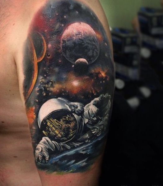 Realistic space tattoo design for men on the shoulder tattoo ideas