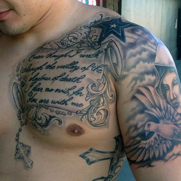 Black and Grey quote and dove tattoo design for men on chest and shoulder tattoo ideas