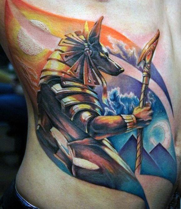 Anubis realism tattoo design for men on rib tattoo ideas