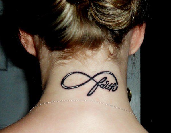 Script infinity with "faith" quote tattoo design for women on neck tattoo ideas