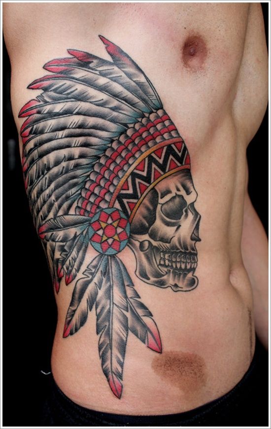 Traditional warrior skull and feather tattoo design for men on rib and chest tattoo ideas