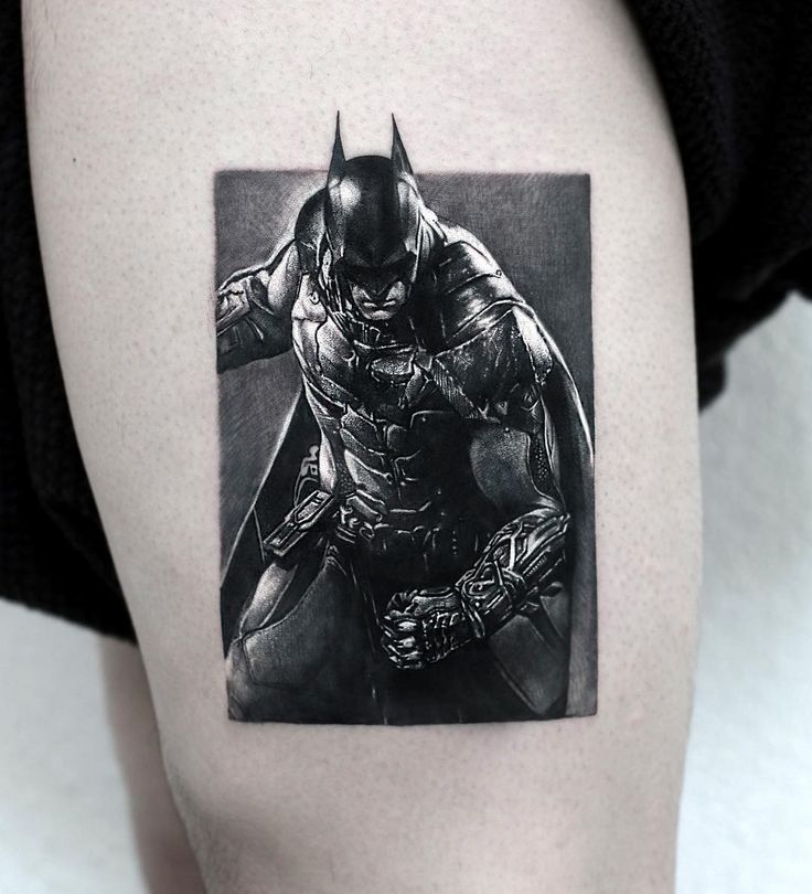 Realistic Batman tattoo design for men on thigh tattoo ideas