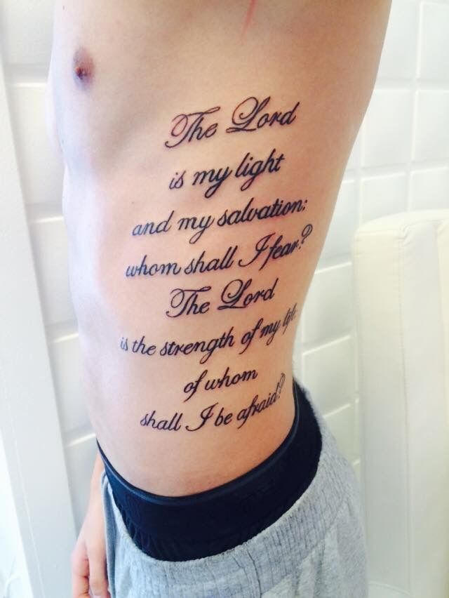 Scriptual quote tattoo design for men on rib tattoo ideas