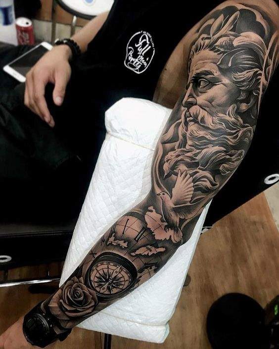 Realistic dove, rose and compass tattoo design for men on full sleeve arm tattoo ideas