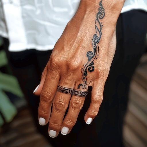Tribal vine tattoo design for women on hand and finger tattoo ideas