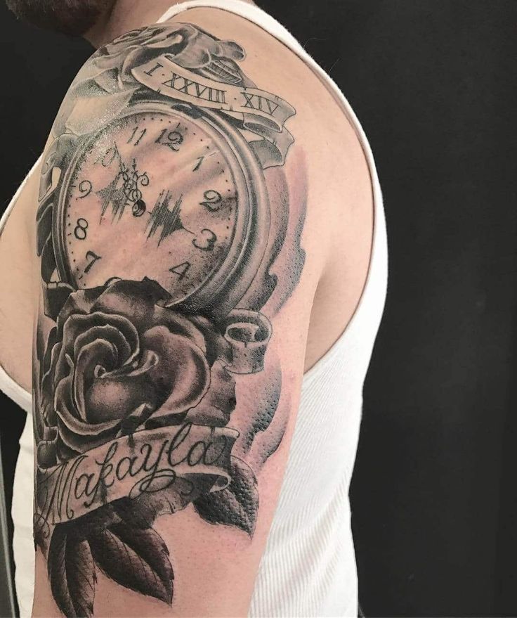 Black and grey realism clock and rose tattoo design for men on arm and shoulder tattoo ideas