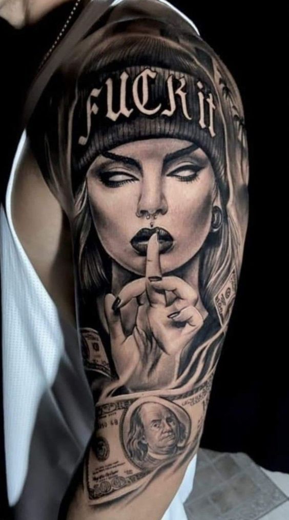 Realistic female portrait with money tattoo design for women on arm tattoo ideas