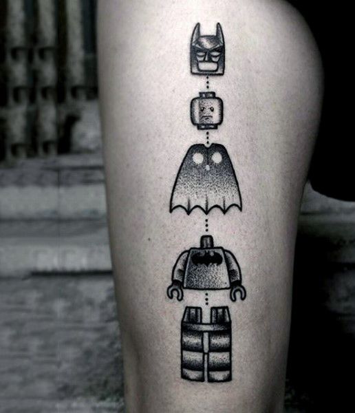 Batman Lego tattoo design for men in blackwork style on thigh tattoo ideas