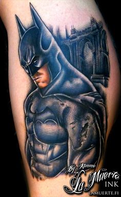 Realistic Batman tattoo design for men on thigh tattoo ideas