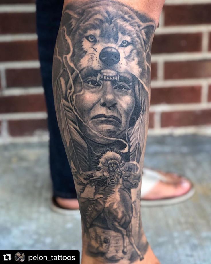 Realistic wolf and Native American warrior tattoo design for men on leg tattoo ideas