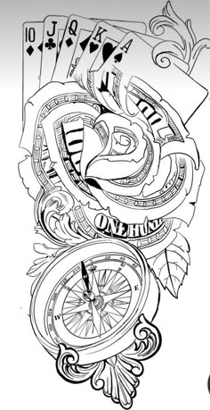 Blackwork rose, compass, and cards tattoo design for men and women on full sleeve tattoo ideas