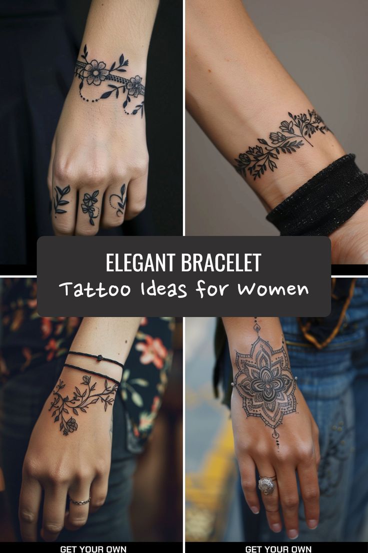 Elegant floral bracelet tattoo ideas for women on hand and wrist tattoo ideas