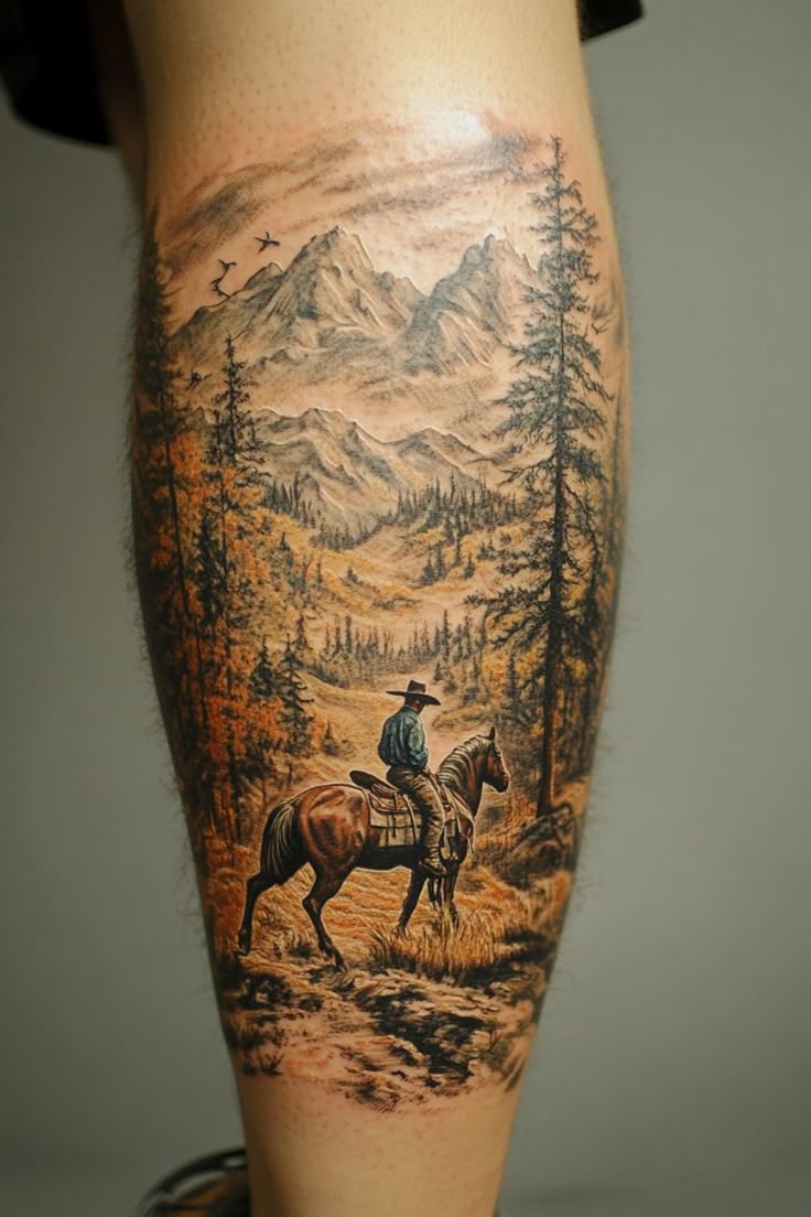 Realistic horse and mountain landscape tattoo design for men on leg tattoo ideas