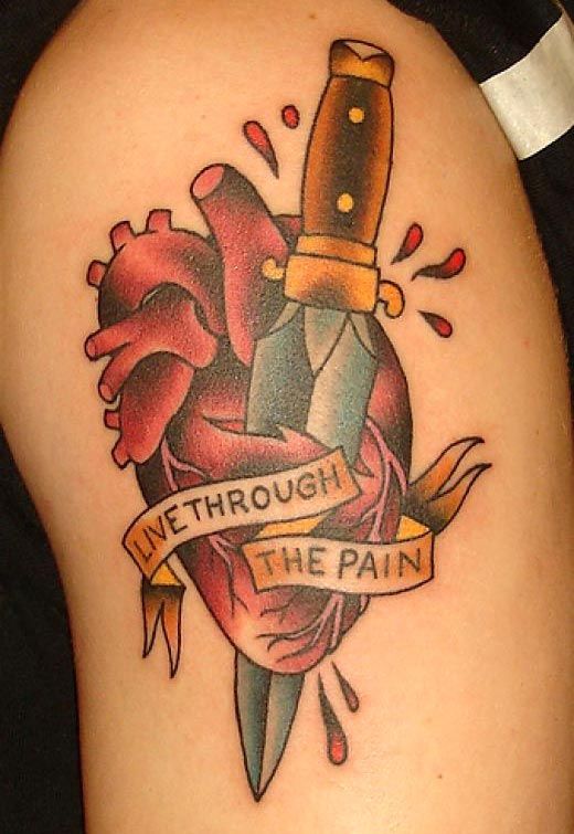 Traditional heart and sword tattoo design with quotes for women and men on shoulder tattoo ideas
