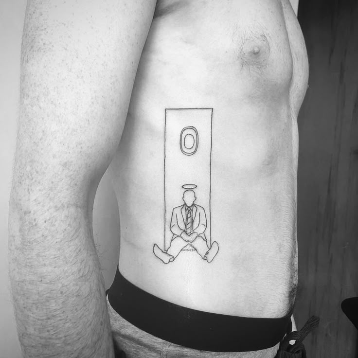 Linework man in suit with halo tattoo design for men on rib tattoo ideas