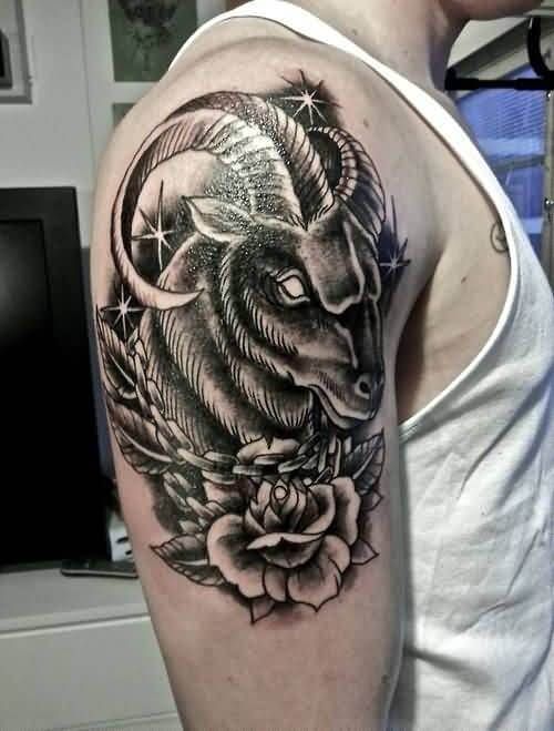 Realistic ram and rose tattoo design for men on shoulder tattoo ideas