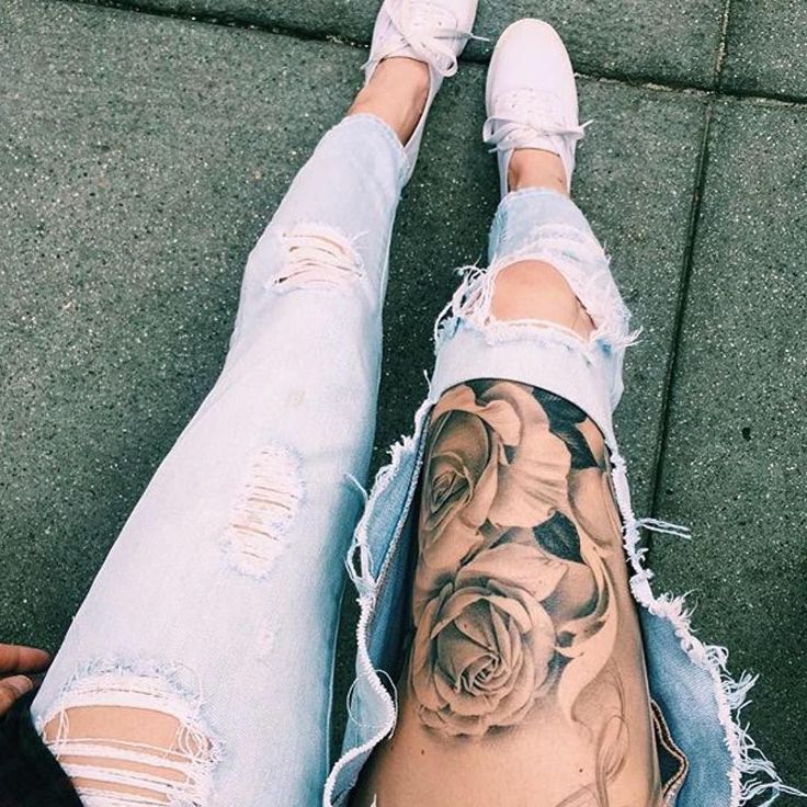 Realistic rose and floral tattoo design for women and men on thigh tattoo ideas