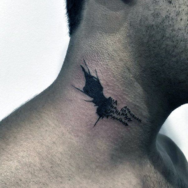 Blackwork Batman and quotes tattoo design for men on neck tattoo ideas