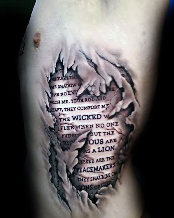 Realistic quote tattoo design for men on rib tattoo ideas