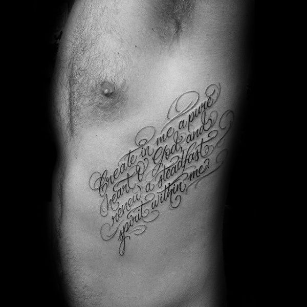 Script quote tattoo design for men on rib tattoo ideas