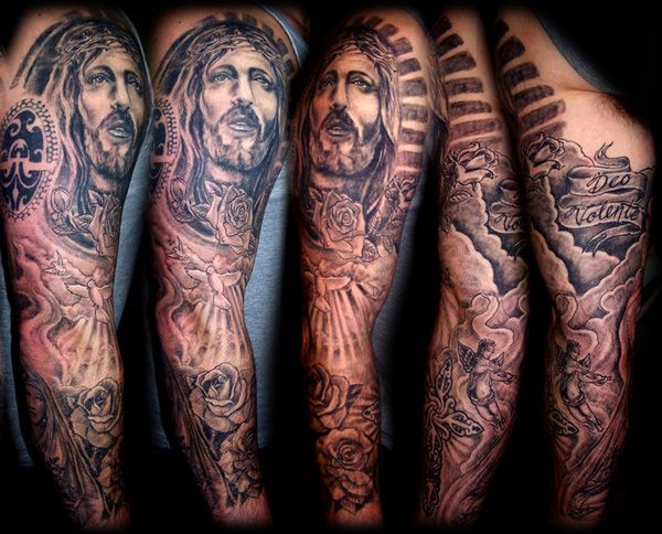 Realistic Jesus, rose, and angel tattoo design for men on full sleeve tattoo ideas