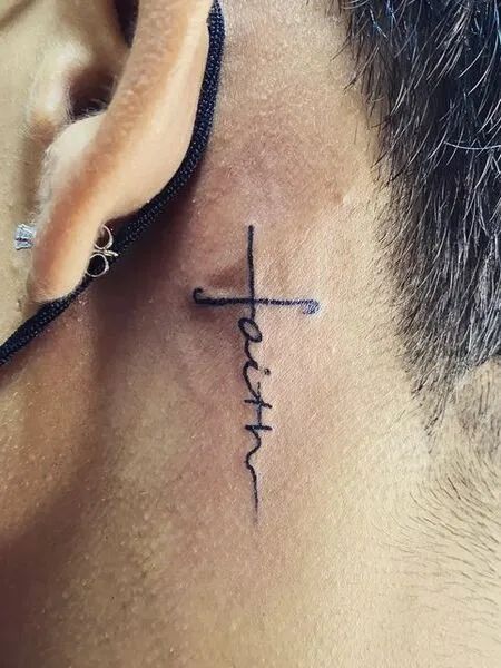 Fine Line faith and cross tattoo design for men on neck tattoo ideas