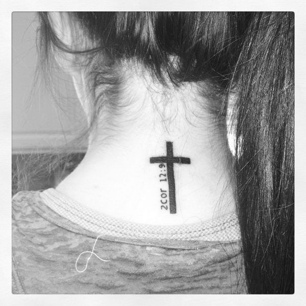 Script cross and quote tattoo design for ladies on neck tattoo ideas