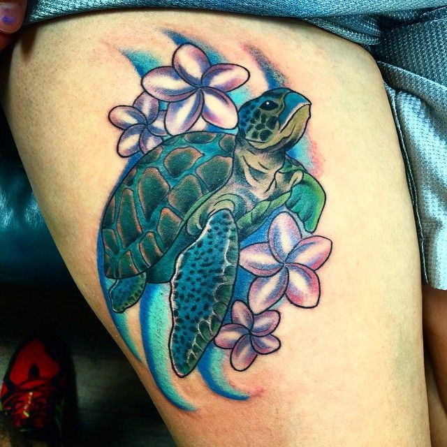 Realistic turtle and floral tattoo design for women on thigh tattoo ideas