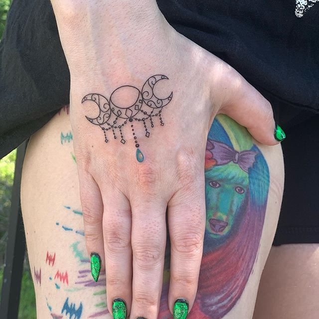 Fine Line triple moon tattoo design for women on hand and thigh tattoo ideas