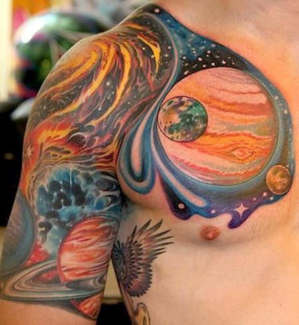 Realistic space and galaxy tattoo design for men on full sleeve and chest tattoo ideas