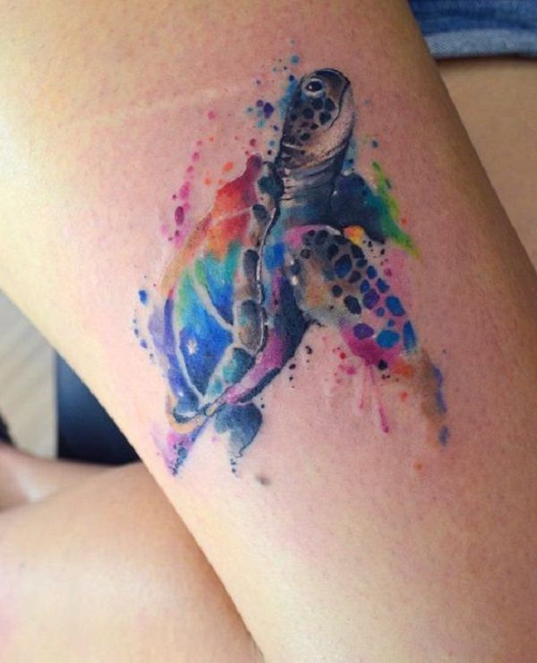 Watercolor turtle tattoo design for women on thigh tattoo ideas
