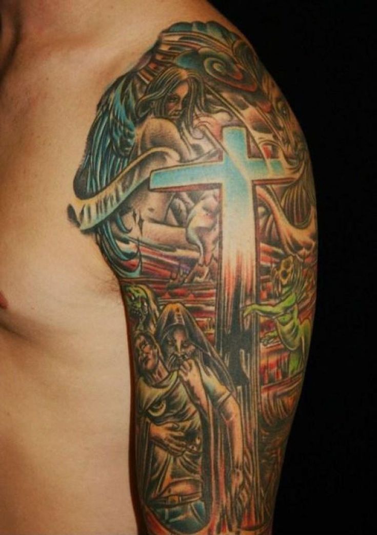 Traditional angel and cross tattoo design for men on shoulder and arm tattoo ideas