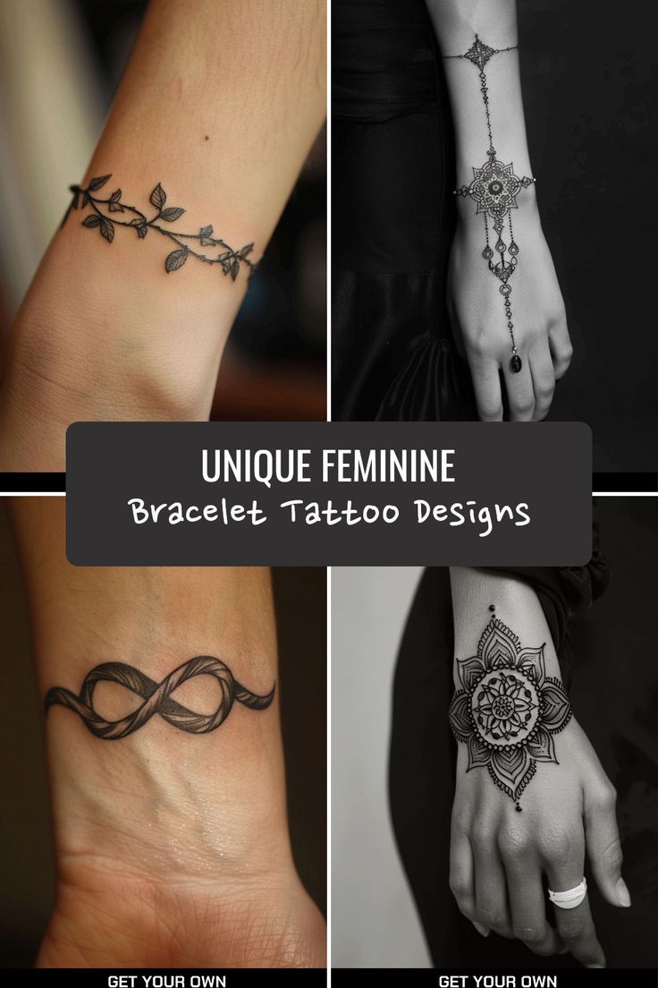Fine line vine, infinity and floral bracelet tattoo design for women on arm and hand tattoo ideas