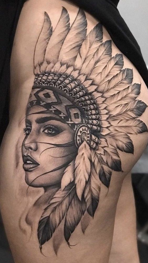 Realistic Native American headdress tattoo design for women on hip tattoo ideas