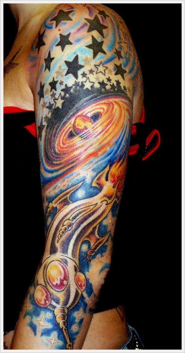 Colorful galaxy and star tattoo design on arm and shoulder for women and men tattoo ideas