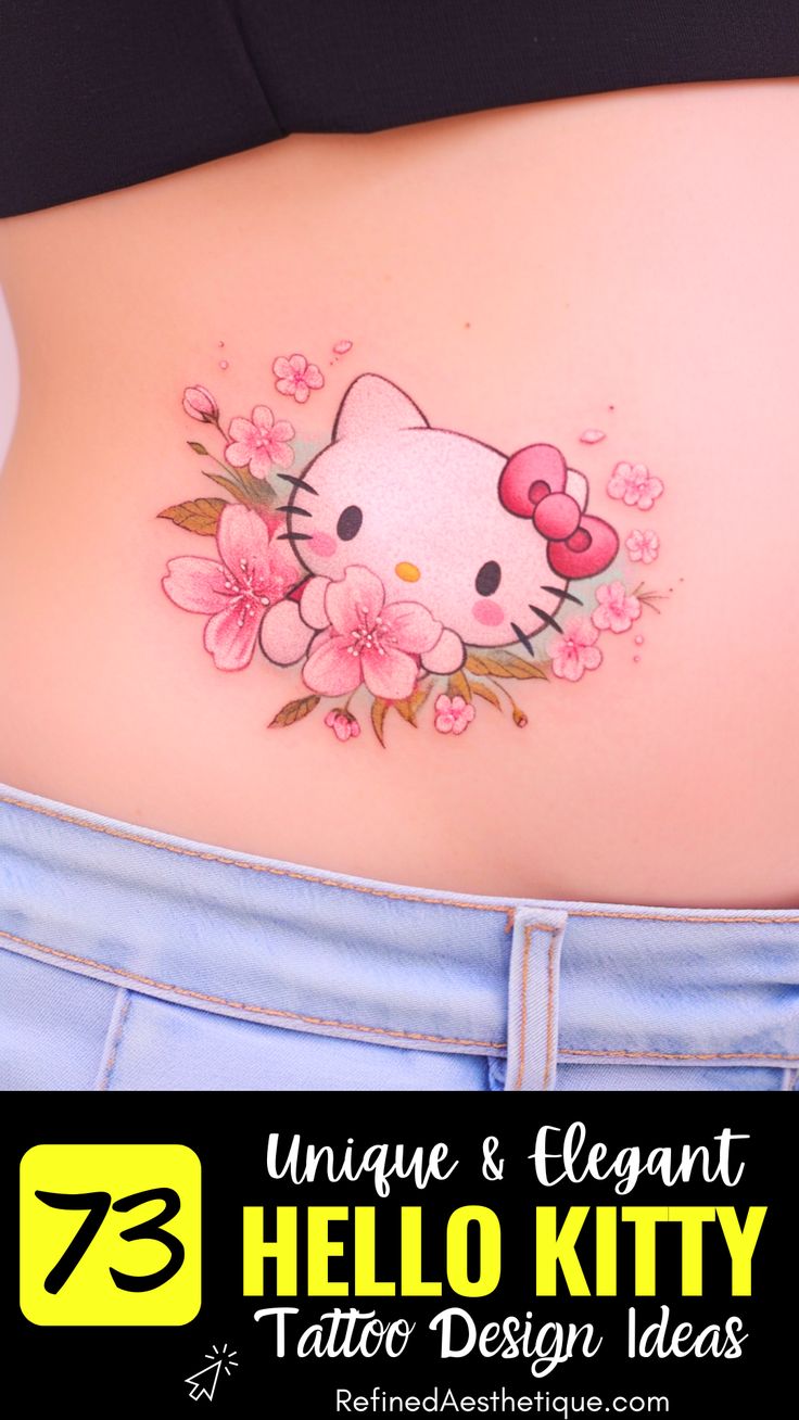 Kawaii sketch Hello Kitty floral tattoo design for women on hip tattoo ideas