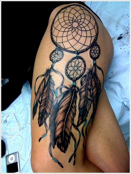 Realistic dream catcher and feather tattoo design for women on thigh tattoo ideas