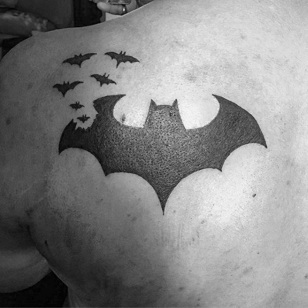 Black and Grey Batman and bat tattoo design for men on shoulder tattoo ideas