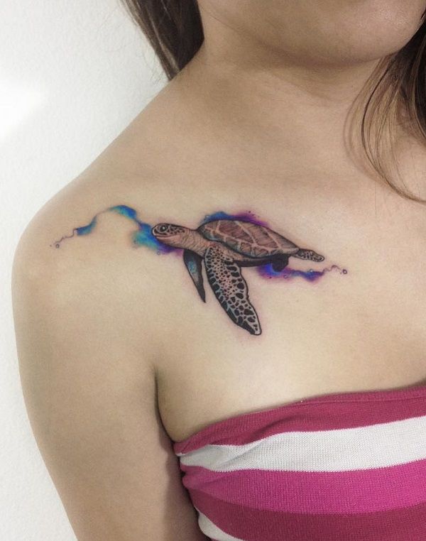 Watercolor turtle and ocean tattoo design for women on chest tattoo ideas
