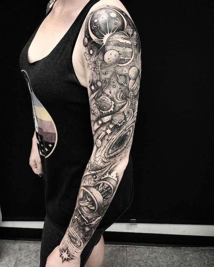 Realistic space and star full sleeve tattoo design for women tattoo ideas