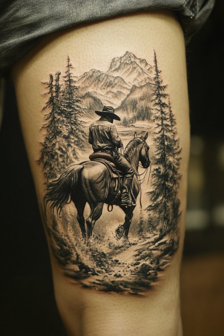 Realistic cowboy riding a horse with mountains and trees tattoo design for men tattoo ideas