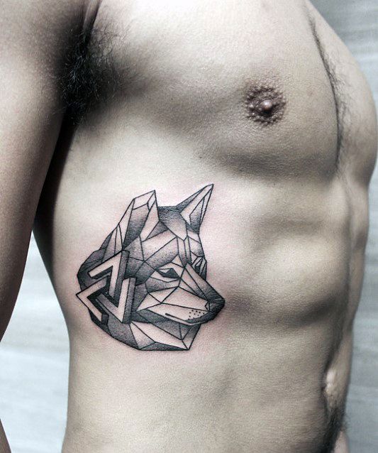Geometric wolf tattoo design for men on rib with polygon design tattoo ideas