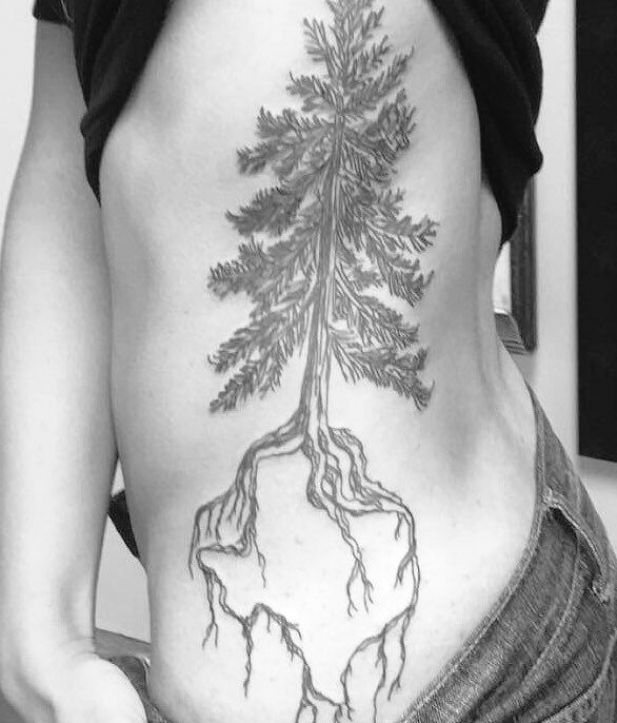 Blackwork tree root tattoo design for women and men on rib and hip tattoo ideas