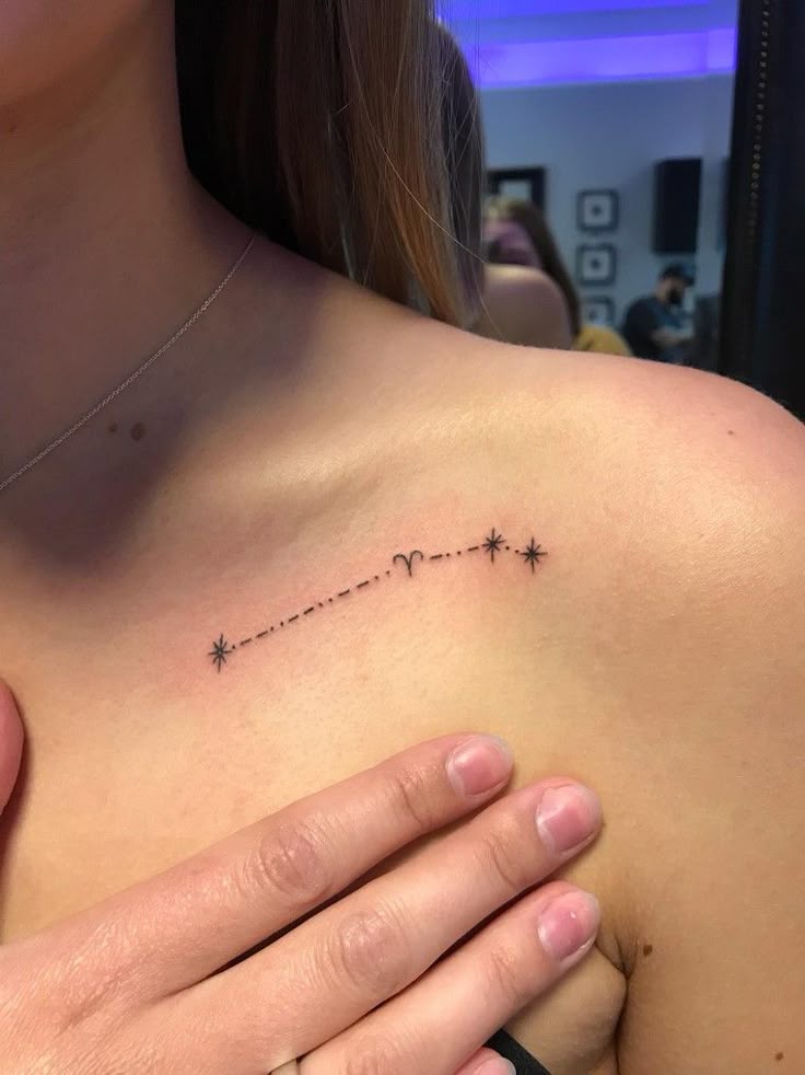 Aries and star constellation fine line tattoo design for women on chest tattoo ideas