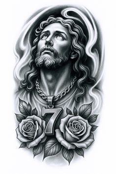 Realistic Jesus, rose, and number 7 tattoo design for men on chest tattoo ideas